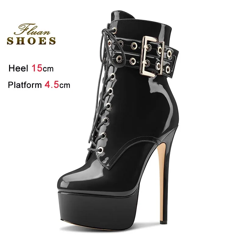 

Короткие ботильоны из лакированной кожи на шпильке, женские модные ботинки на очень высоком каблуке с круглым носком, на толстой подошве, с боковой молнией CD