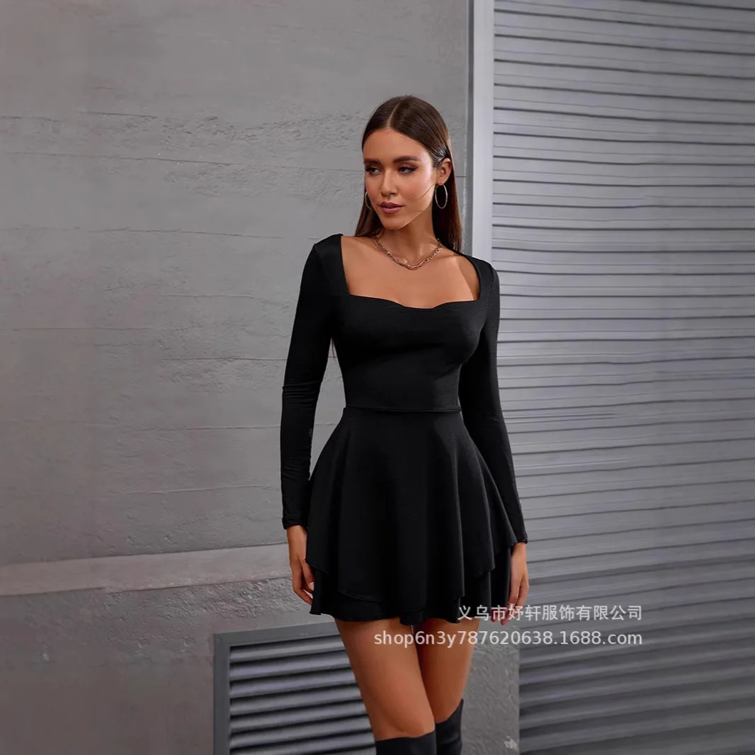 

2025 Элегантное однотонное платье миди с длинными рукавами и плиссированными деталями, облегающее повседневное осеннее повседневное офисное платье