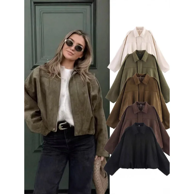 Spring New Arrival Women's Faux Suede Stand Collar Pilot Jacket Outerwear Loose Fit Long Sleeve Zipper Closure  Color