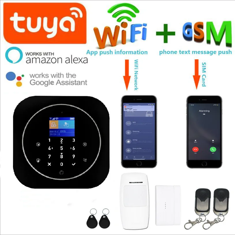 Sistema de alarma antirrobo con Wifi GSM para el hogar, Detector inalámbrico y con cable, teclado, 11 idiomas, Compatible con Alexa