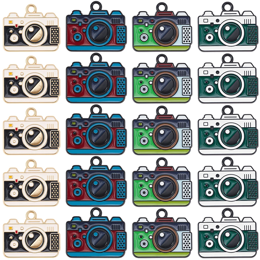 1 Box 32Pcs 4 Colors Enamel Camera Charm Cameras Charms Vintage Alloy Enamel Travel Hobby Photography Pendants for Jewelry