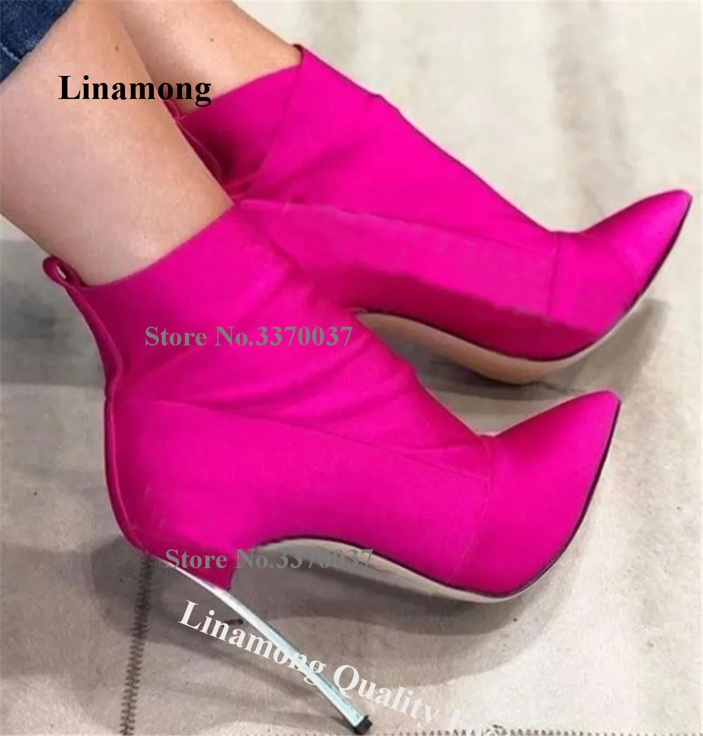 

Linamong Newest Pink Stiletto Silver Metal Heel Short Boots Sexy Pointed Toe Slip-on Slim Style Thin Heel Ankle Booties