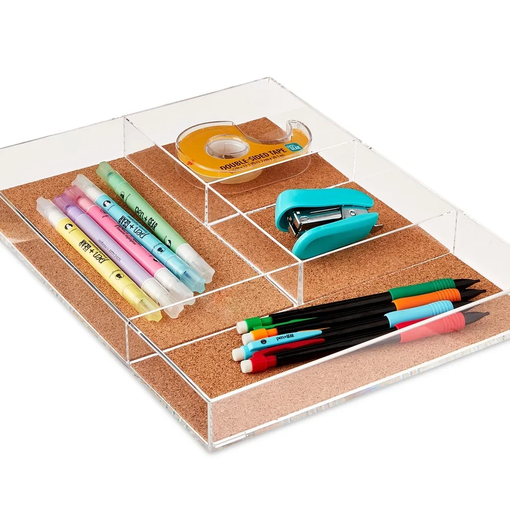 صينية تنظيم الفلين مع 4 مقصورات من الأكريليك لتخزين سطح المكتب وحامل مستلزمات مكتبية شفافة وتصميم متين وظيفي #3