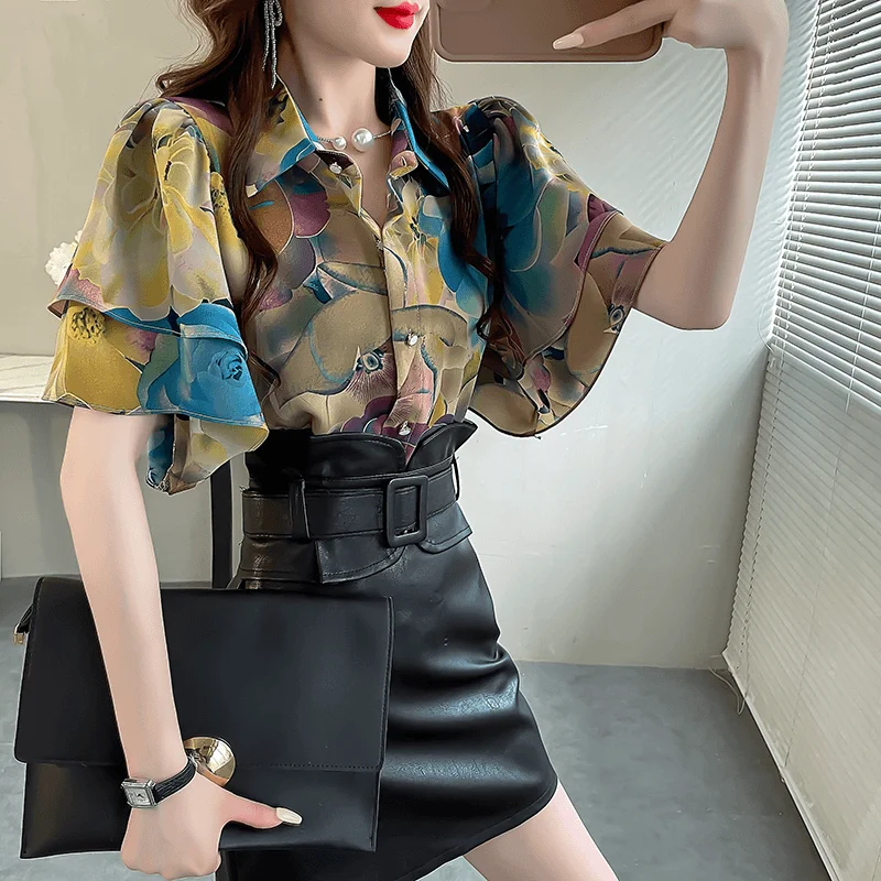 

Summer Casual Korean Fashion Loose Ruffles Printing Short Sleeve Large Color Block Exaggerate Elegant Dignified Intellectual