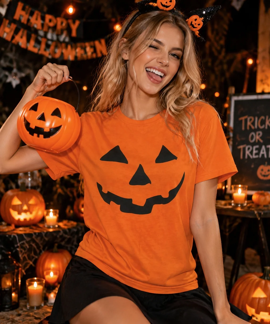 Halloween Damen T-Shirt mit Rundhalsausschnitt und kurzen Ärmeln, Kürbisgesichts-Grafikdruck, lockeres, lustiges Partykostüm, trendiges, lässiges Alltags-Oberteil – Detail 1