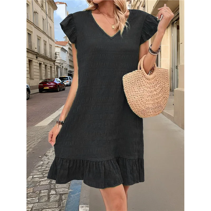 ABRT-Summer Dresses For Women V Neck Cap Sleeve Ruffle Hem Smock Short Dress