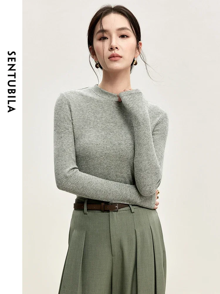 SENTUBILA Women Comt Knitted T-shirt   2024 Spring Autumn Casual Slim Fit O Neck Long Sleeve Basic  Clothing 143T56726