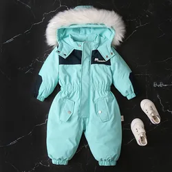 -30℃ Winter Infant Rompers Clothes 2023 New Kids Fur Collar Hooded Overalls Girls Boys Ski Suit Thick Jacket Baby Warm Bodysuit