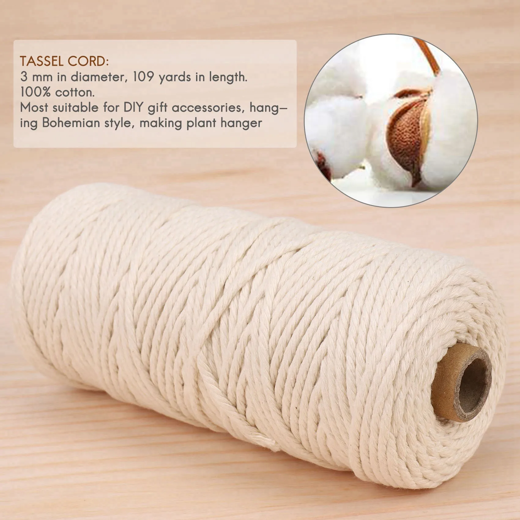 เชือกมาคราเม่ A34R ทำจากฝ้ายธรรมชาติ ขนาด 3 มม. พร้อมห่วงไม้และแท่งไม้ สำหรับทำของเล่นเด็ก DIY ชุดทำมาคราเม่ แขวนผนัง ที่แขวนต้นไม้