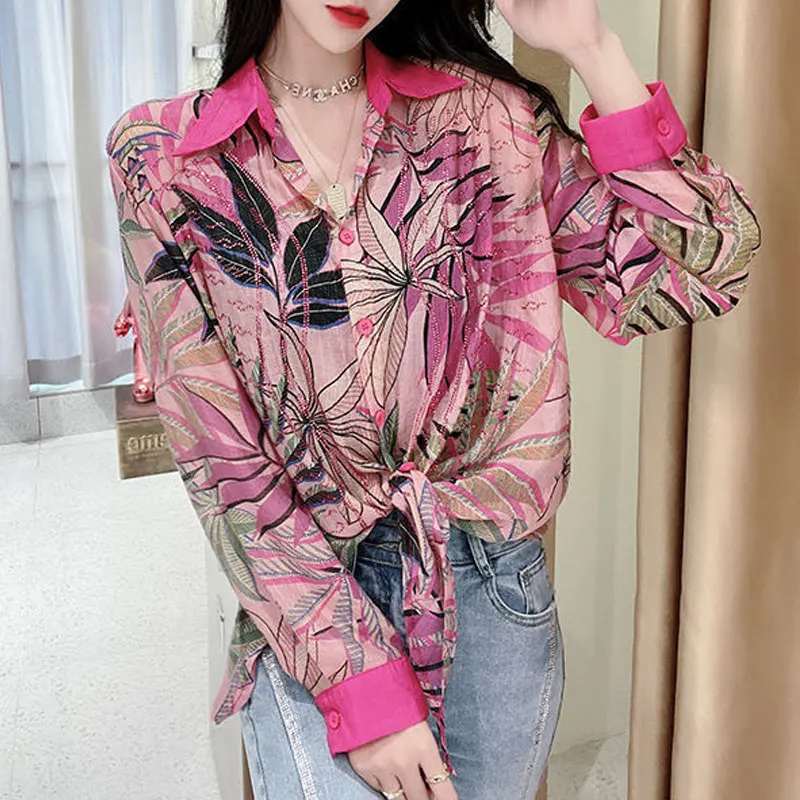 Vintage Plant Printed Folk Shirt Women\'s Polo-Neck Spliced Chic Diamonds Spring Autumn Long Sleeve Casual Single-breasted Blouse