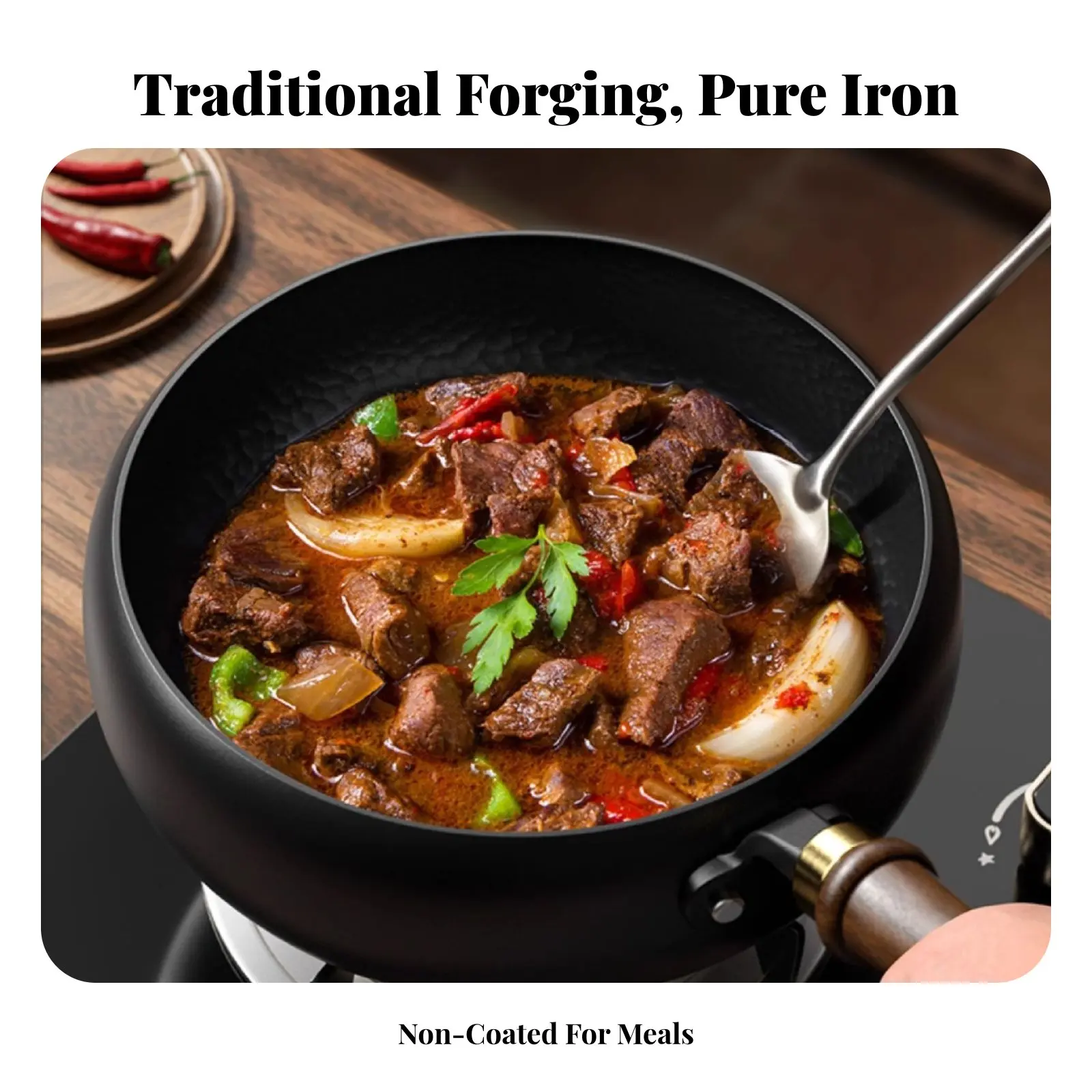 Hand Hammered Wok No Coating Uncoated Iron Wok Deep Bowl Stir-Fry Pan Even Heat Distribution Large Stir Frying Pan