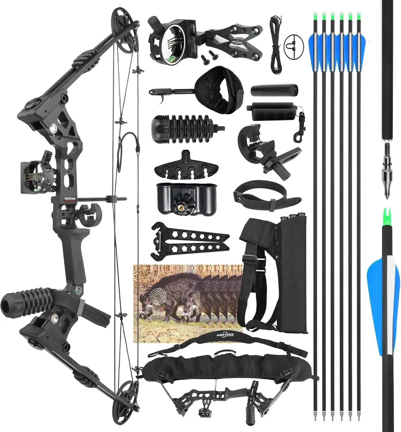 Left-Handed Black Compound Bow Kit,Hunting&Target,Limb Made in USA,Draw Weight 20-70lbs Adjustable,Draw Length 24-30