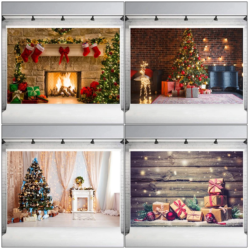 Xmas Fireplace Backdrop Christmas Tree Photography Background Party Banner Home Decoration, 125x80cm