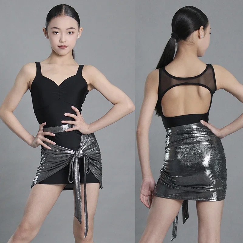 

2025 Children's Latin Dance Competition Costume Girls Silvery Black Tango Dance Clothes Kids Sleeveless Practice Wear