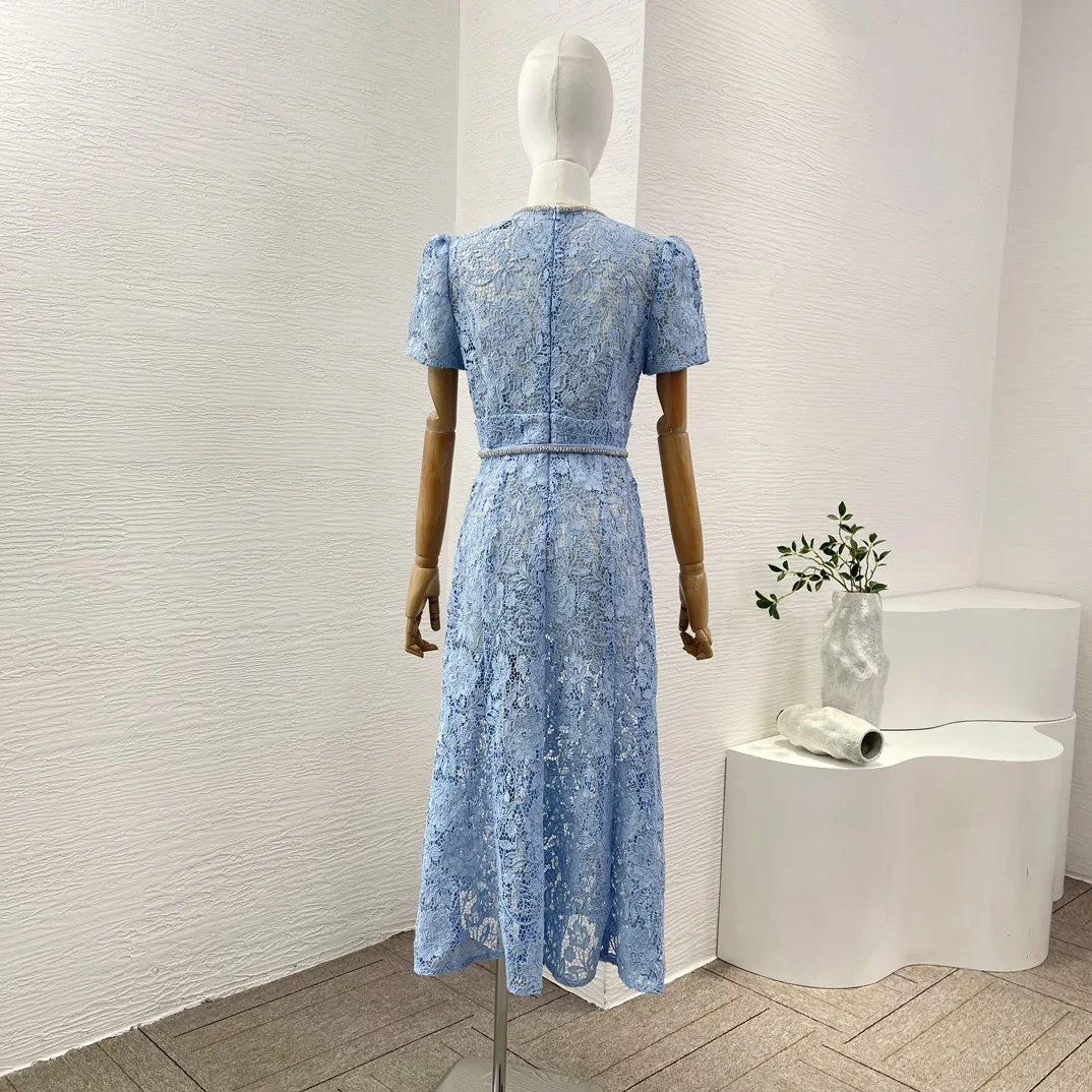 2024 High Quailty Blue Short Sleeve Lace Bow Midi Dress Invisible Back Zipper Closure