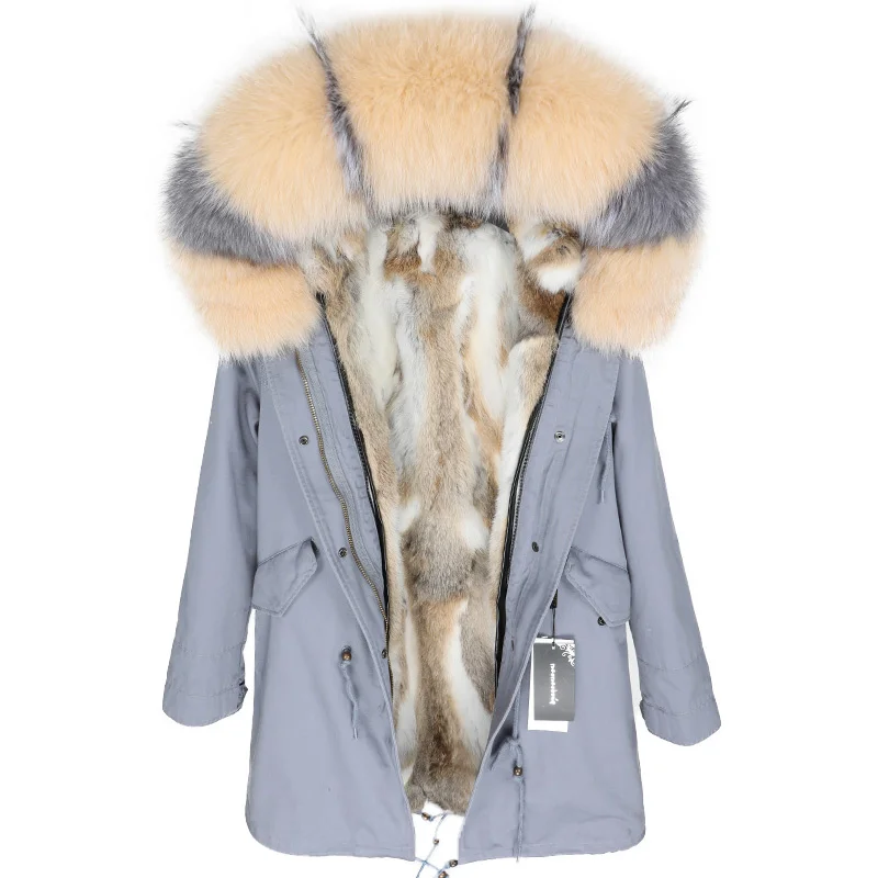 Plus Size Winter Women\'s MAOMAOKONG Coats Natural Raccoon Fur Parkas Rex Rabbit Fur Lining Middle Long Jacket Coat Female