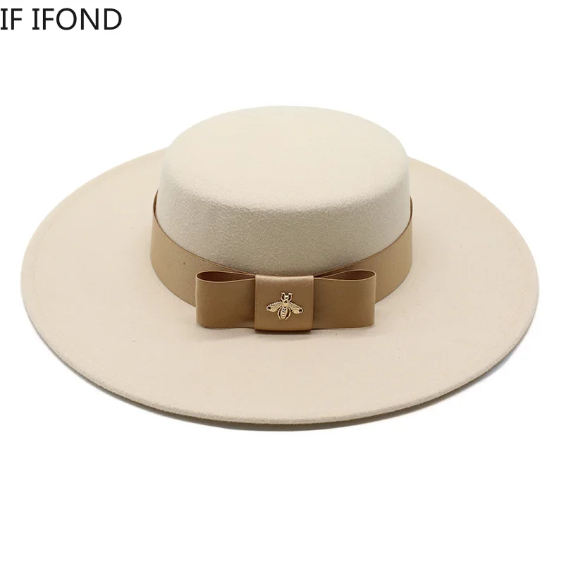 2022 Autumn Winter French Ladies White Bownot Flat Top Fedora Hat 10CM Brim Banquet Elegant Felt Hat Wedding Dress Cap