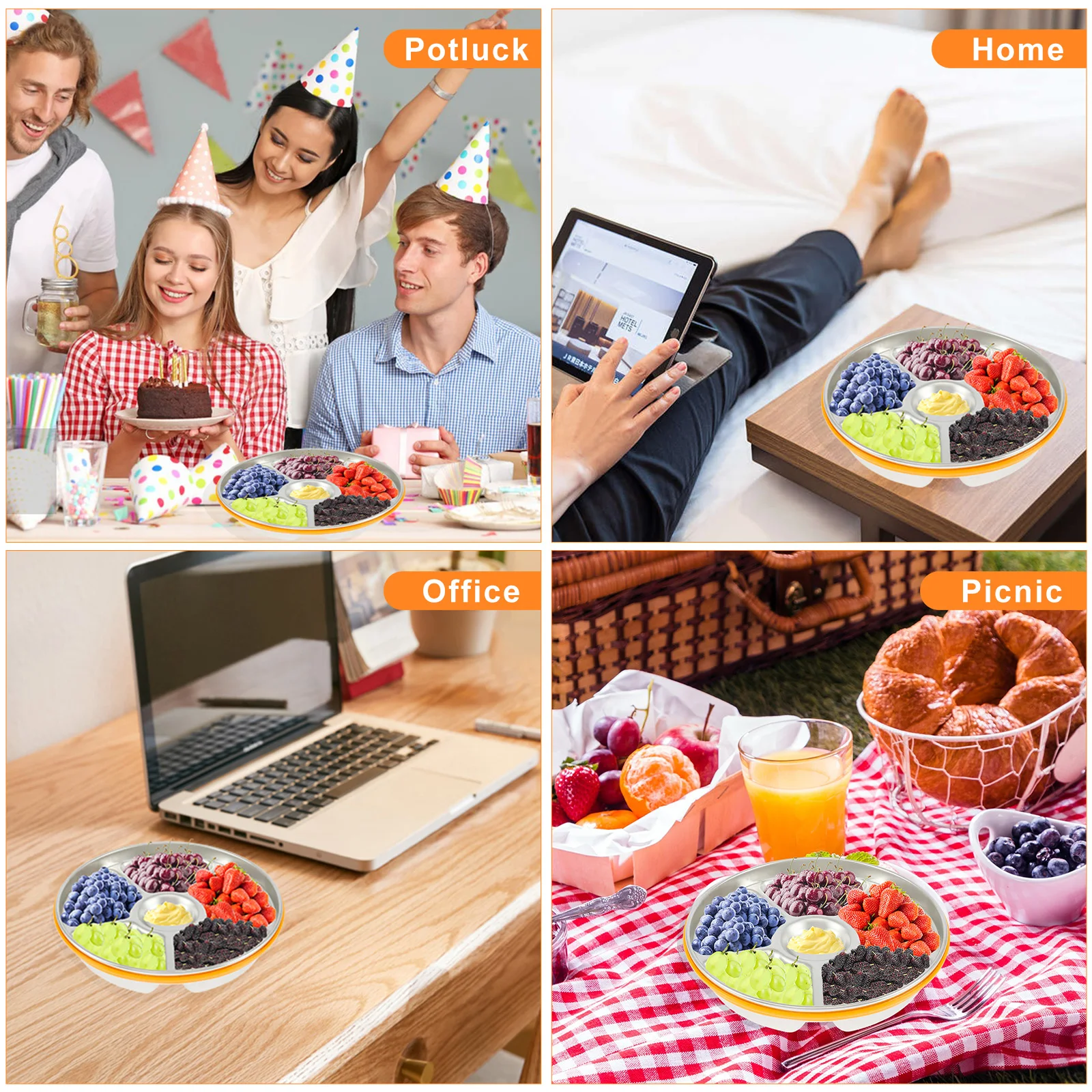 صواني تقديم سبليت من الفولاذ المقاوم للصدأ 201 6 مقصورات منظمو طبق الوجبات الخفيفة مع أغطية محكمة الغلق صندوق تخزين المطبخ مانع للتسرب #5