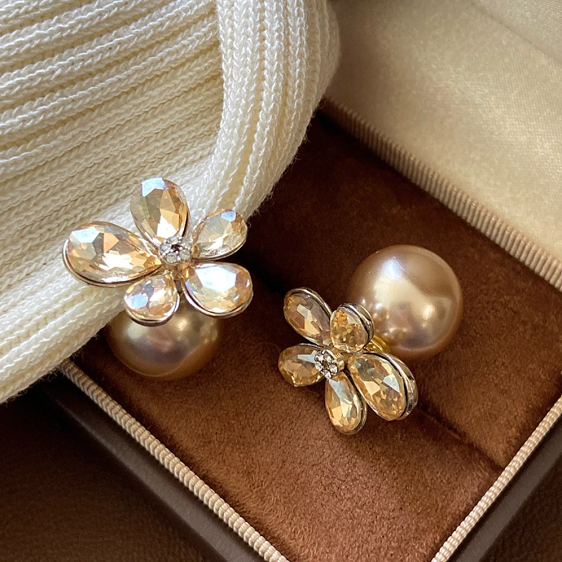 Coreano novo design moda jóias champanhe cristal flor pérola brincos elegantes feminino acessórios de trabalho diário