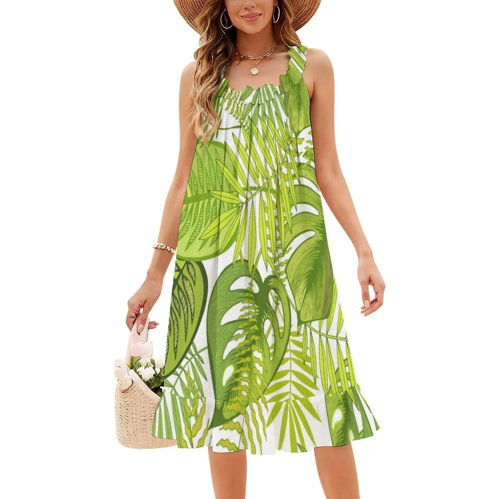 فستان صيفي استوائي يترك على شكل قلب فستان أنيق للحفلات الصيفية للنساء الاستوائية الاستوائية الغريبة النخيل Monstera