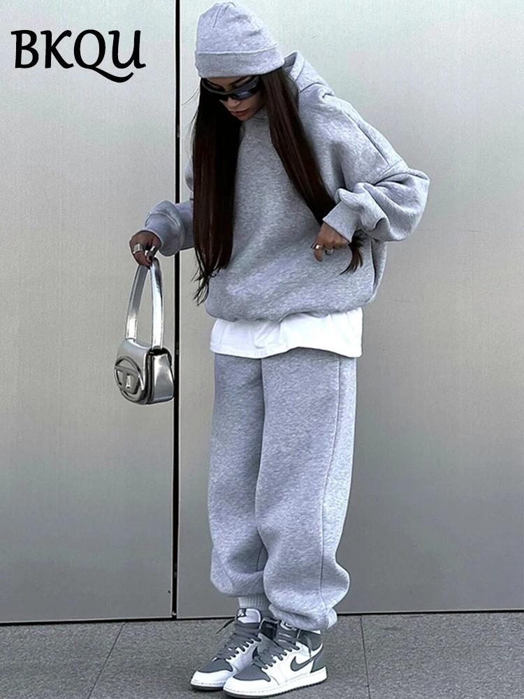 BKQU Solid Hoodies Two Piece Sets Women 2024 Autumn Winter Long Sleeve Hooded Sweatshirts Pullover and Sweatpants Matching Set