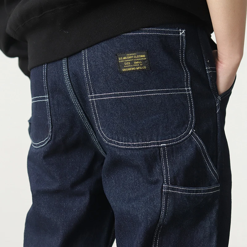 3903# Spring New American Retro Denim Carpenter Cargo Jeans Men\'s 100% Cotton Washed Loose Casual Multi-pocket Straight Pants
