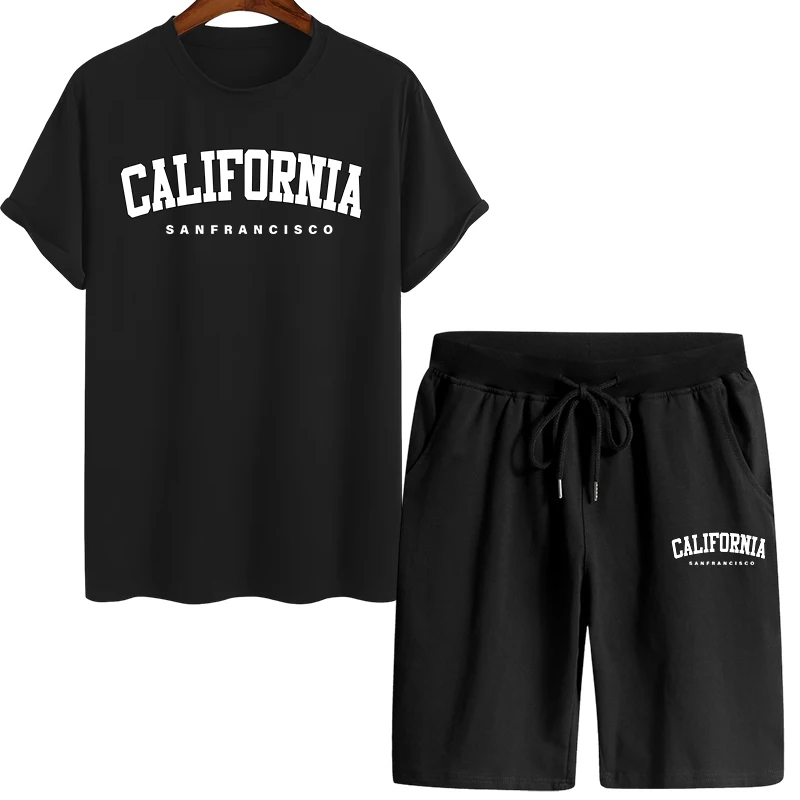 

California Fashion T-shirt Shorts 2pcs Set Men's Summer Casual Sports Outfits Urban Fashion Tracksuit O-neck Tees Walking Shorts