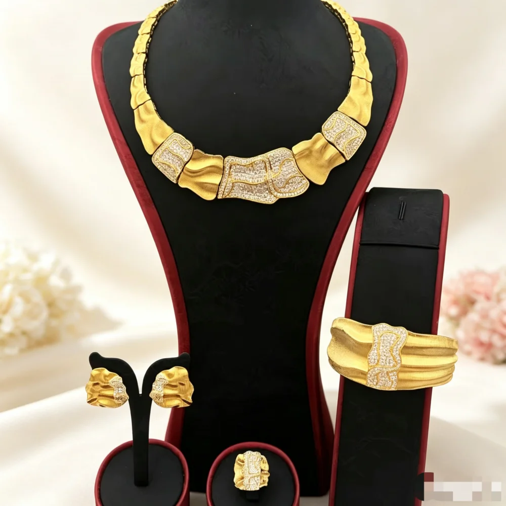 Flora High-End Gold Plated Copper Women's Jewelry Set Zircon Necklace Earrings Ring Bracelet Luxury Gift for Party