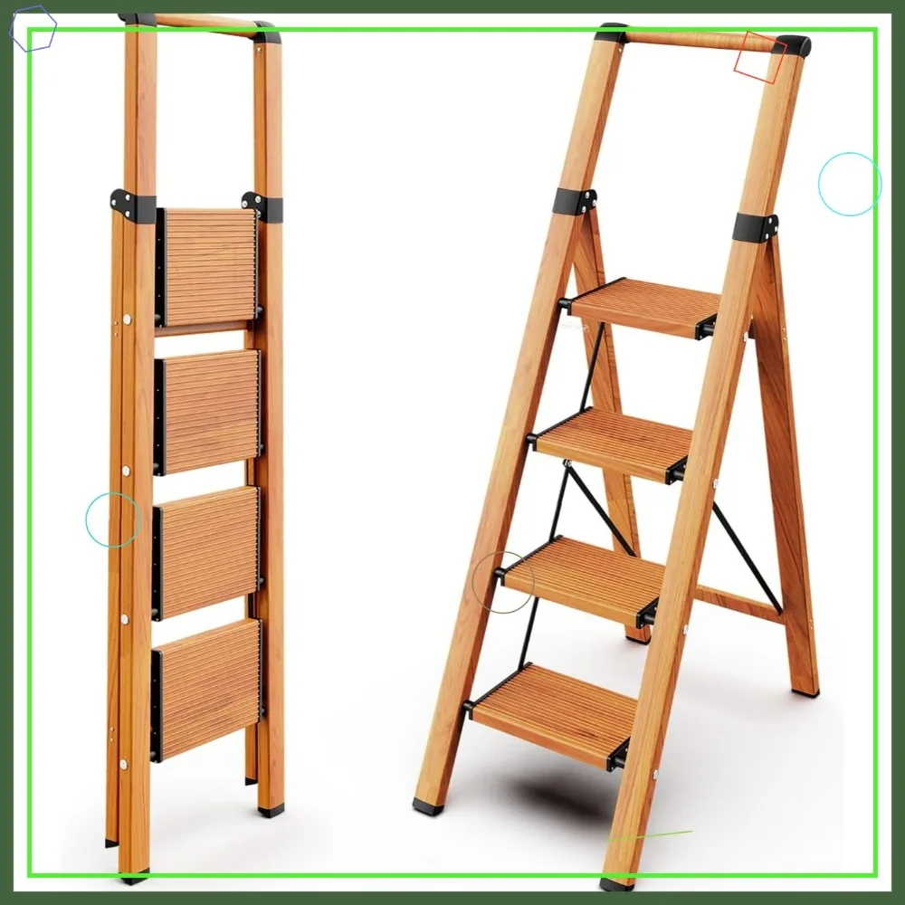 Escalera de 4 Peldaños, Pedales Antideslizantes, Taburete Plegable de Aluminio, Ligero, Soporta 300 Libras, Alcanza 9 Pies