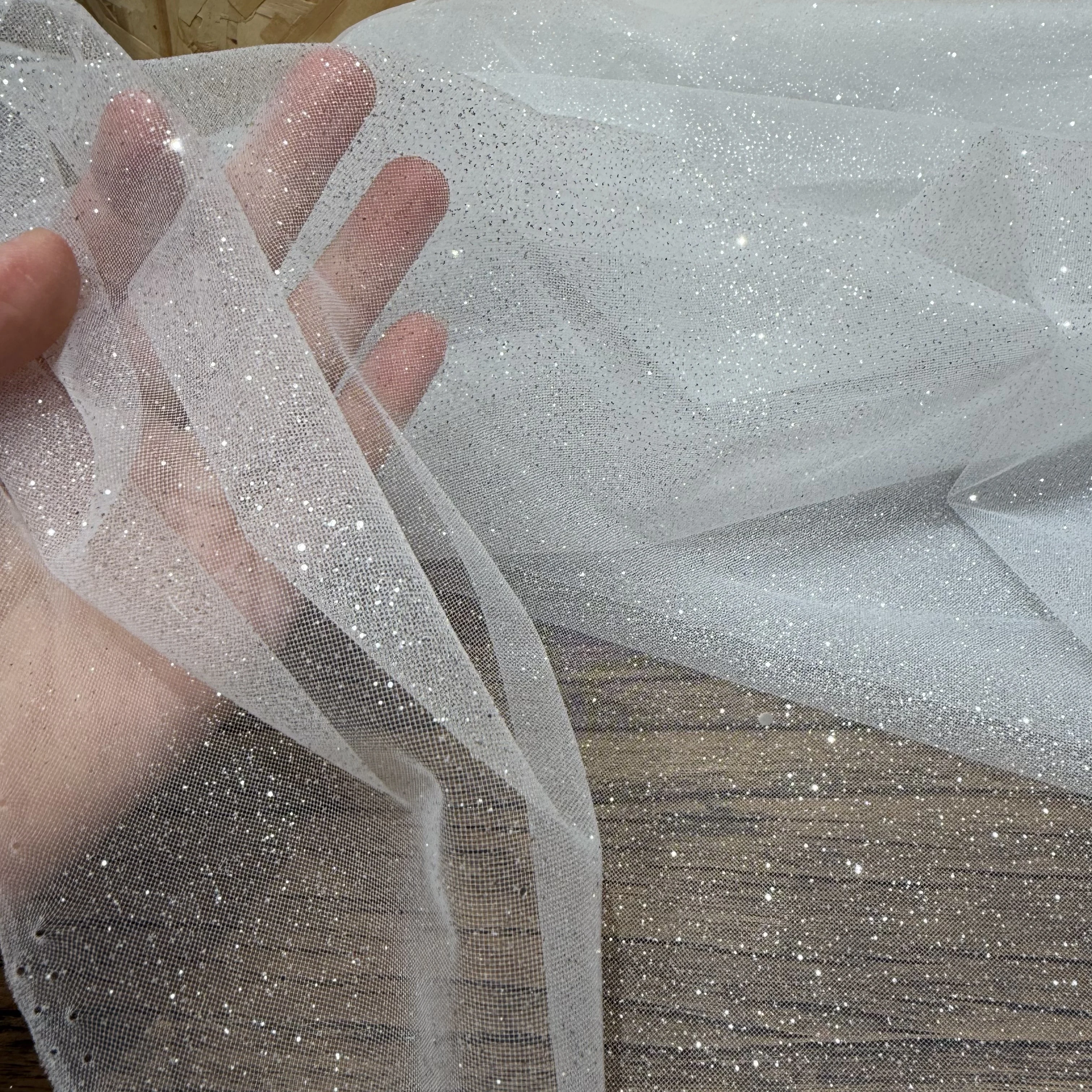 White Fine Glitter Silver Pink Shiny Transparent Mesh Background Layout Draping Fabric for Wedding Dress Fabric
