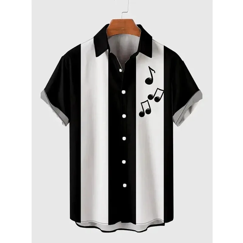 Roupas de camisa masculina havaiana, guitarra musical, roupas masculinas impressas em 3D, moda de praia diária de verão de manga curta, listra grande