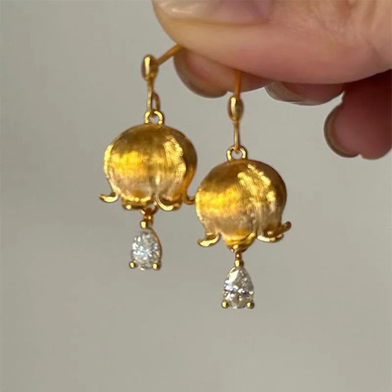 PANJBJ 925 Sterling Silver Golden Flower Earrings For Women Water Drop Frosting Zircon Design Vintage Jewelry Birthday Gift