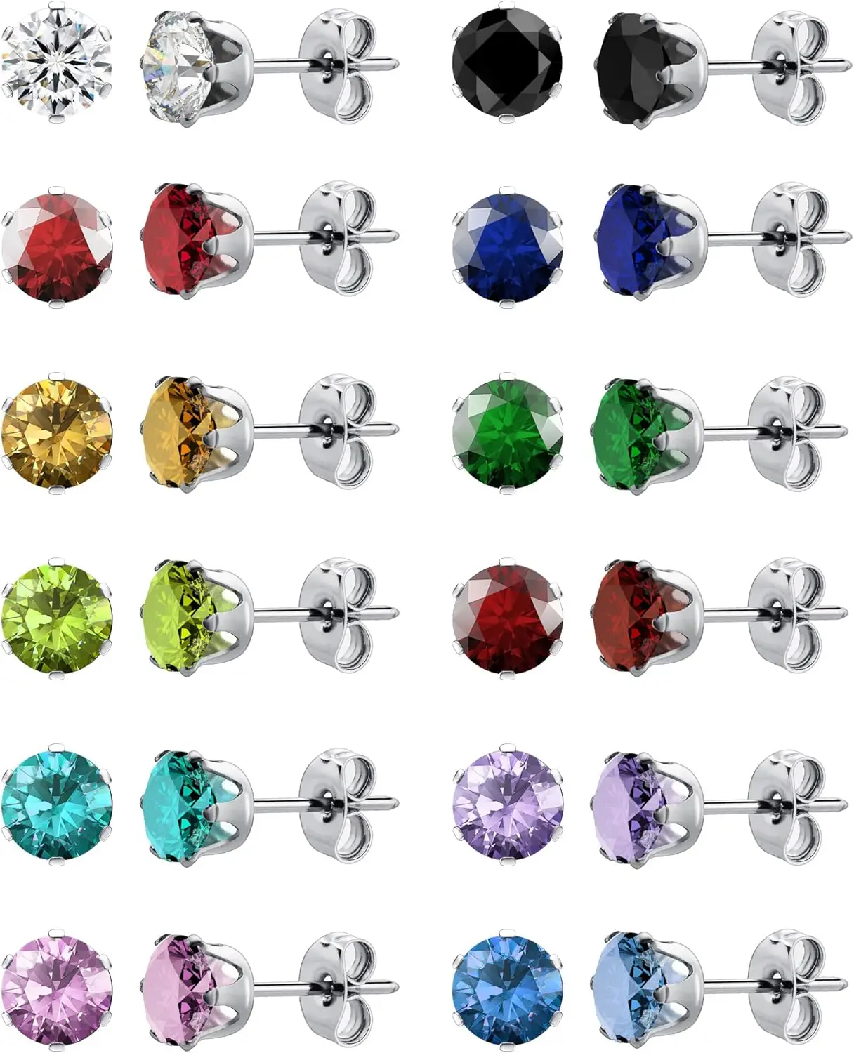 

12 Pairs Hypoallergenic Surgical Steel Earrings for Women and Men, 12 Colors with Cubic Zirconia Studs
