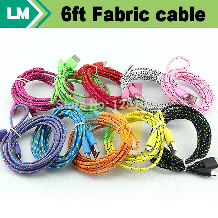 

500pcs Micro USB Cable 2m 6FT Data Sync 5pin Nylon Durable Fabric Braided Wire Colorful Charge Woven Cord for Samsung HTC LG