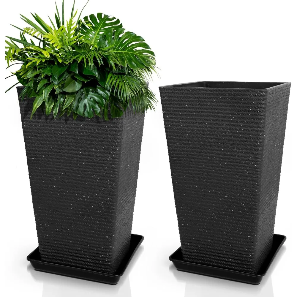 

Set of 2 Tall Black Planter for Outdoor Indoor Plants,21.3in Large Tapered Plant Pots with Drainage Trays Holes,Resin Extra-Thic