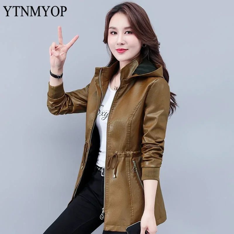 YTNMYOP Slim Fashion Jacket Hooded Leather Coat Women Spring And Autumn Drawstring Clothing High Street Wear Plus Size S-4XL