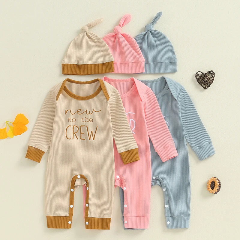 

2024-05-31 Lioraitiin Baby Girls Boys Autumn Jumpsuit Long Sleeve Crewneck Letter Embroidery Casual Romper with Hat