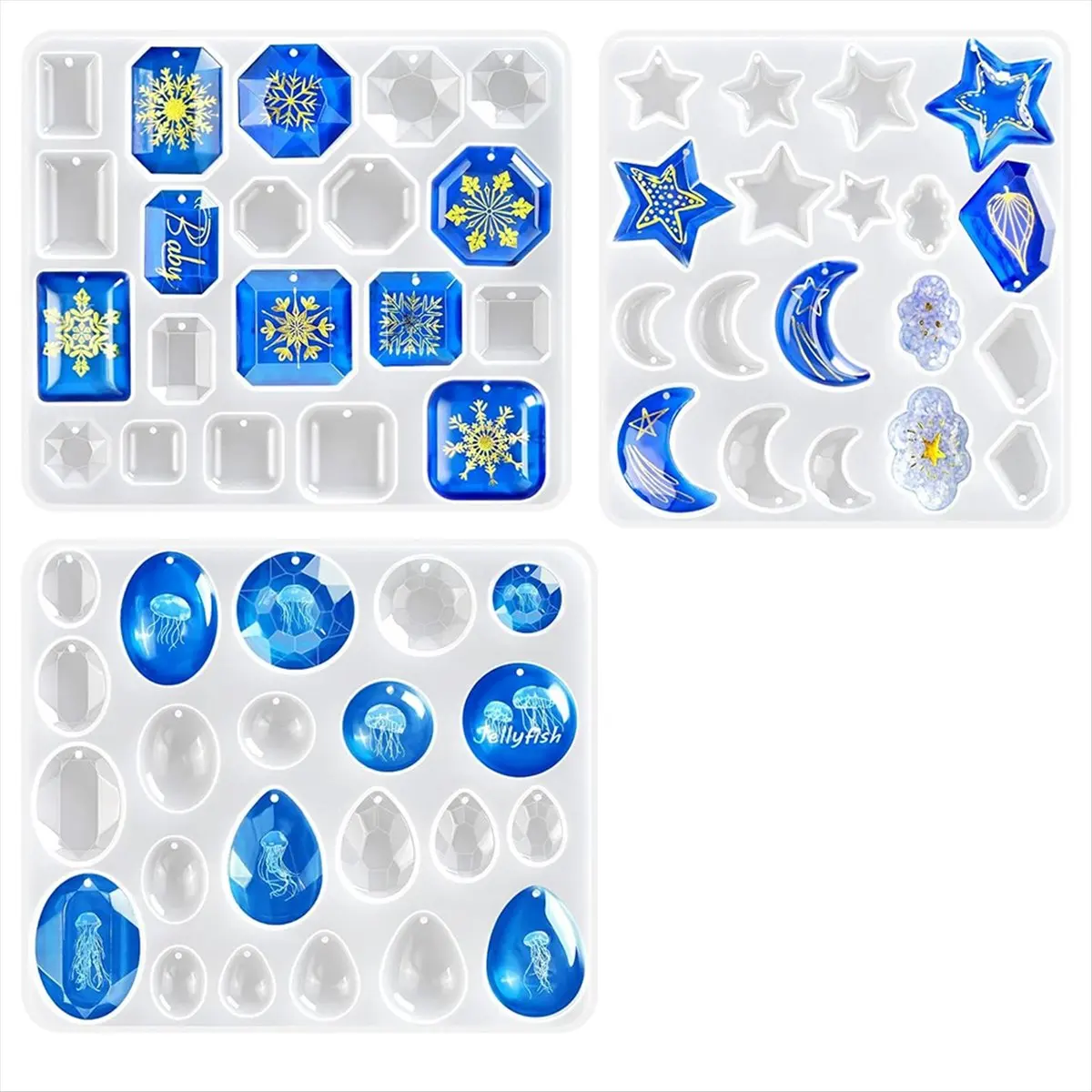 【2026 TOP Global】▼△◑3 Pack Resin Earring Mold with Holes, Variety Shaped & Sizes Geometric Gem Cabochon Crescent Moon Star Cloud