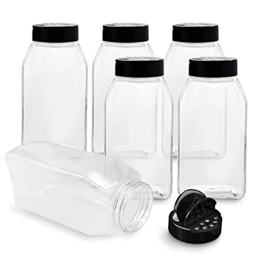 

6 PACK 32 Oz with Black Cap, Plastic Spice Jars Bottles Containers, Perfect for Storing Spice, Herbs and Powders, Lined Cap, Sa