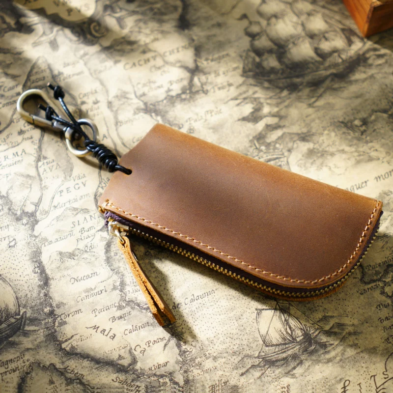 Genuine Leather Handmade Zipper Key Bag Crazy Horse Leather Men's Waist Hanging Coin Purse Multifunctional Keychain