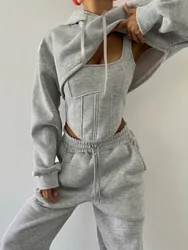 Women's casual sweatpants set 2024 autumn and winter new belted hooded short hoodie corset of three-piece trousers