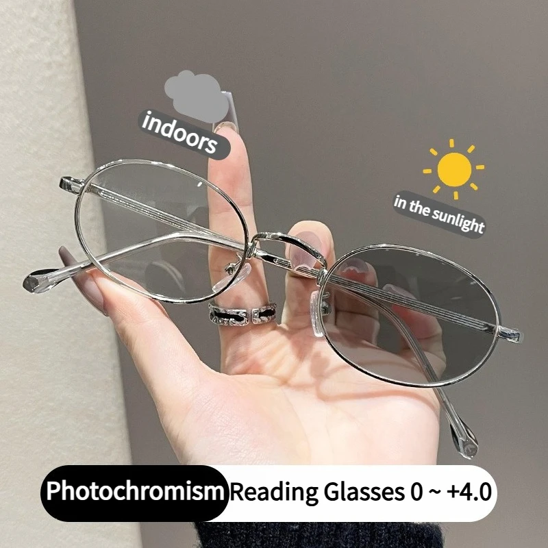Metall-Presbyopie-Brille, elliptische Brillengläser, kann die Farbe unter Sonnenlicht ändern, Anti-Blaulicht-Presbyopie-Brille