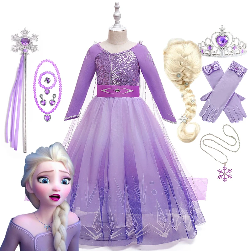 

Disney Frozen Elsa Purple Princess Dress Ball Gown Long Sleeve Snow Queen Elsa Dresses for Girl Cosplay Halloween Castle Clothes