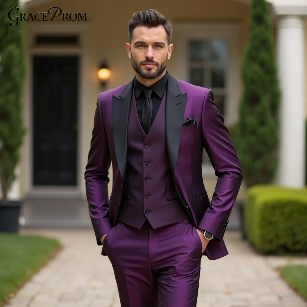 Stylish Tailored Glossy Violet 3PCS Mens Tuxedo Black Vest Pants Set Notched Groom Suit For Wedding Prom Formal Event Customized