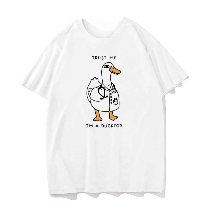 Doctor Duck Goose Cotton Cartoon Printed Men's and Women's Personalized Casual T-shirt New Fashionable Loose Trendy T-shirt