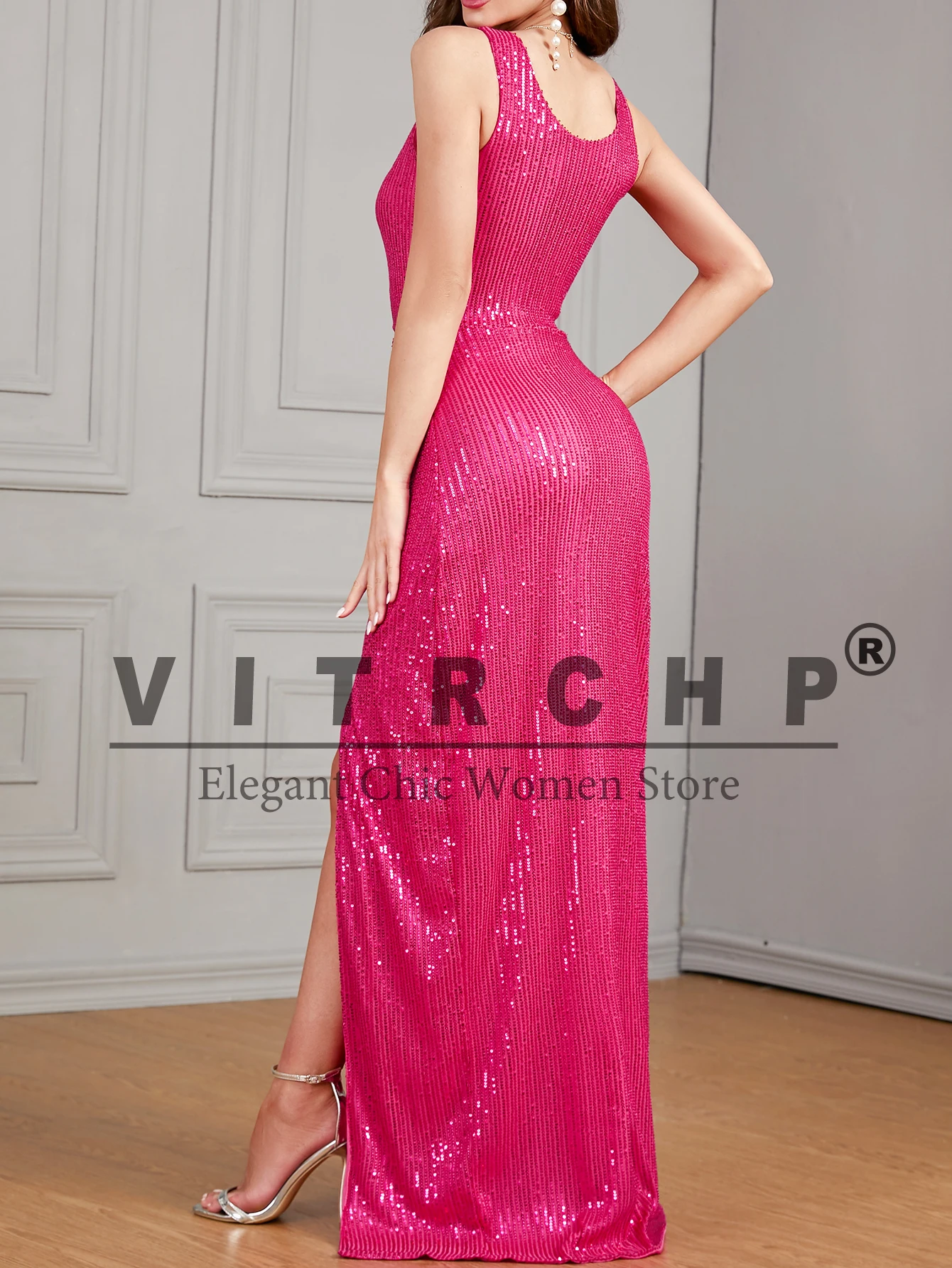 VITRCHP Women Sequin Long Prom Dress V Neck Rose Red Sequin Evening Dress Sexy Party Mermaid Sparkling Maxi Dress