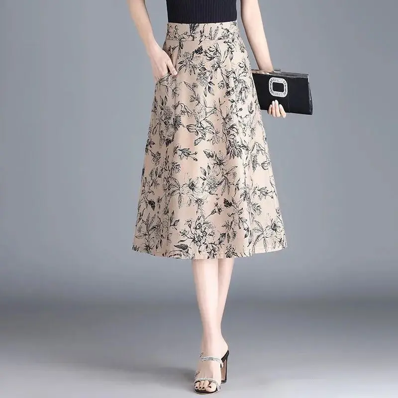 Beige Black Ink Floral Print Midi Skirt High Waist A Line Pocket Skirt For Women Elegant Office Wear