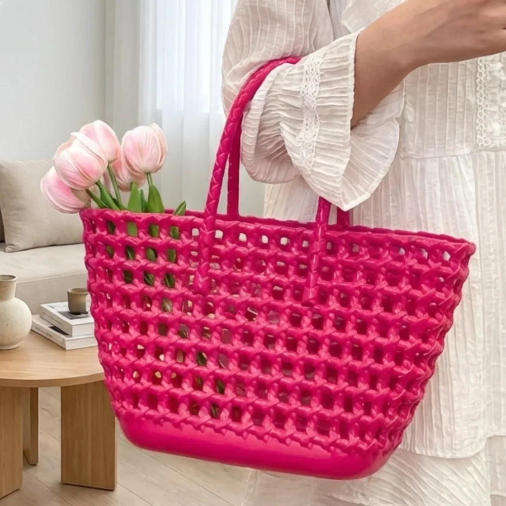 

Candy Color Hollow Beach Bag Large-capacity Woven Design Portable Tote Bag Easy To Clean Reusable PVC Basket Holiday Vacation