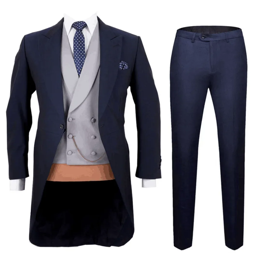

3-Piece Formal Men's Tailcoat Suit Navy Blue One Button Peak Lapel Jacket Trousers & Waistcoat for Wedding Groom Tuxedos