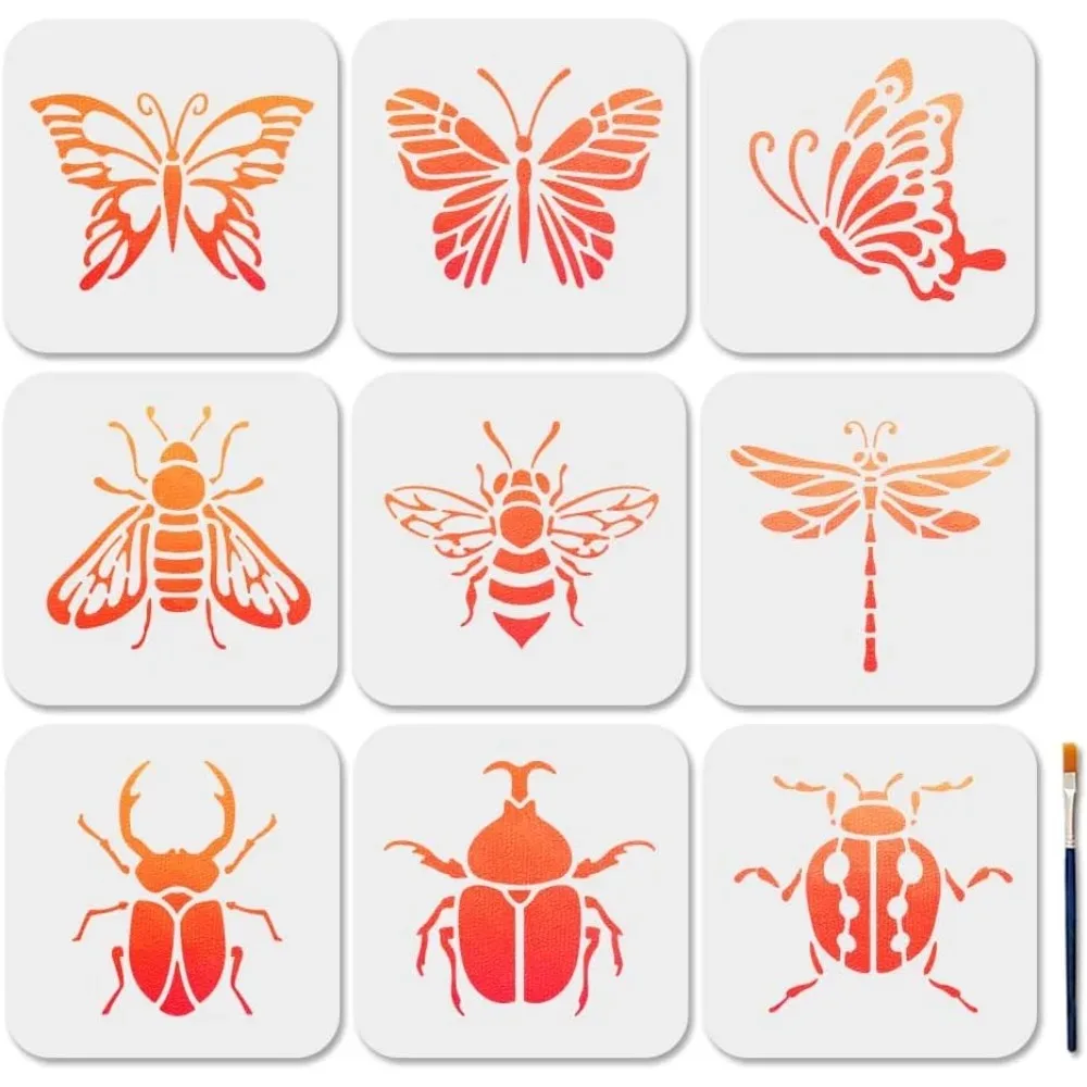 

9 шт. трафареты на тему насекомых, трафарет для рисования бабочек, 5,9 × 5,9 дюйма, трафареты в виде пчелиных жуков с кистью для рисования, многоразовые